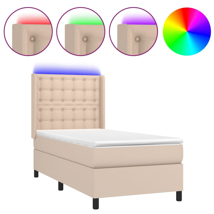kontinentalseng LED-lys 90x190 cm kunstlæder cappuccinofarvet