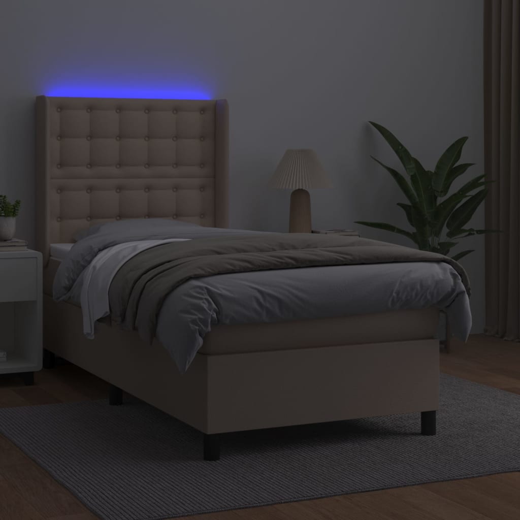 kontinentalseng LED-lys 90x190 cm kunstlæder cappuccinofarvet