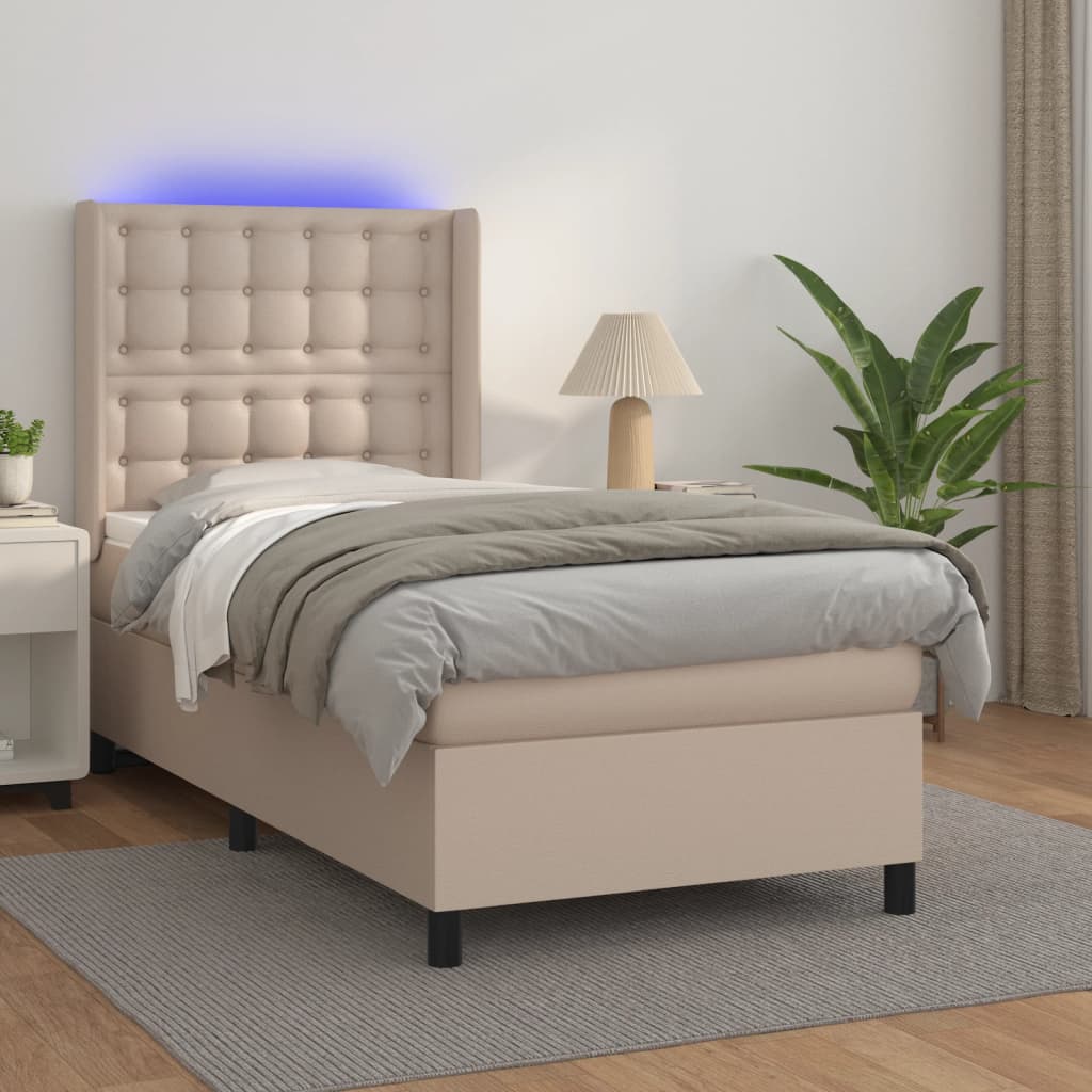 kontinentalseng LED-lys 90x190 cm kunstlæder cappuccinofarvet