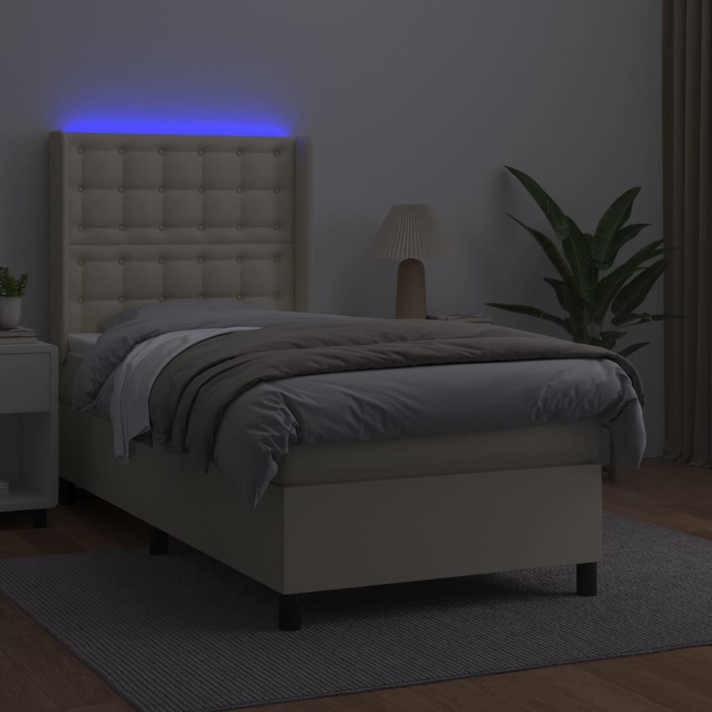 kontinentalseng med LED-lys 100x200 cm kunstlæder cremefarvet