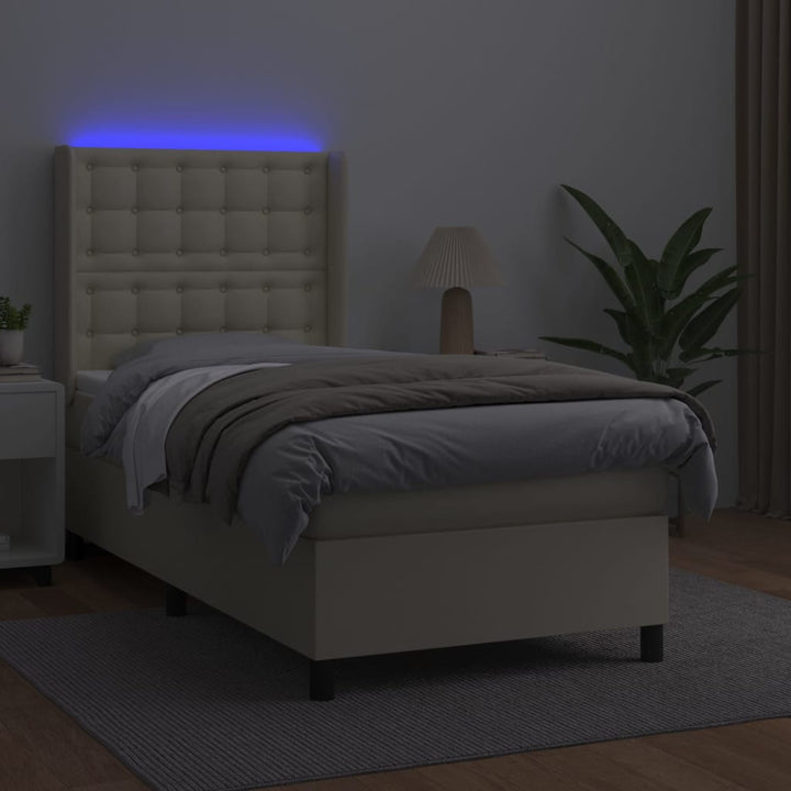 kontinentalseng med LED-lys 100x200 cm kunstlæder cremefarvet