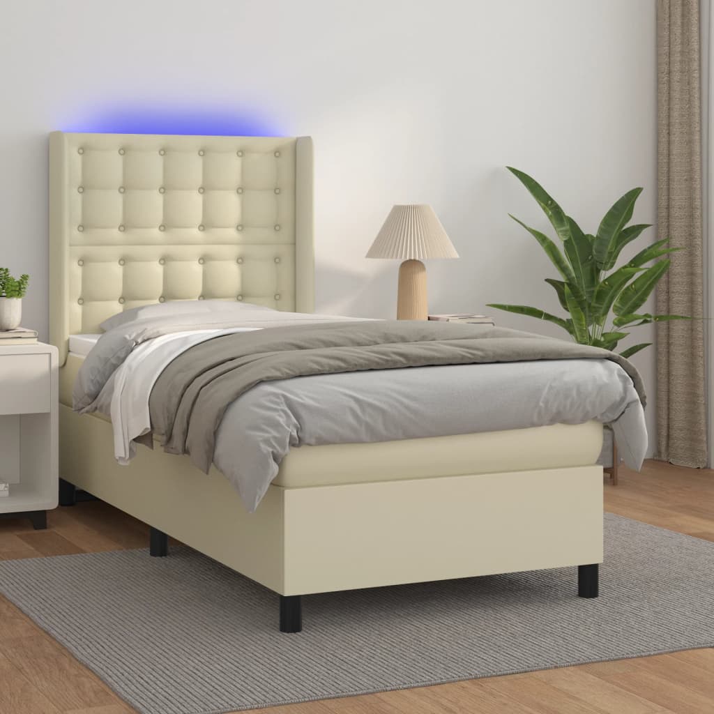 kontinentalseng med LED-lys 100x200 cm kunstlæder cremefarvet