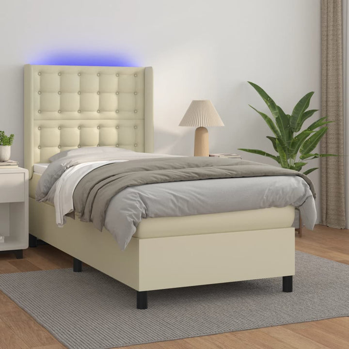 kontinentalseng med LED-lys 100x200 cm kunstlæder cremefarvet