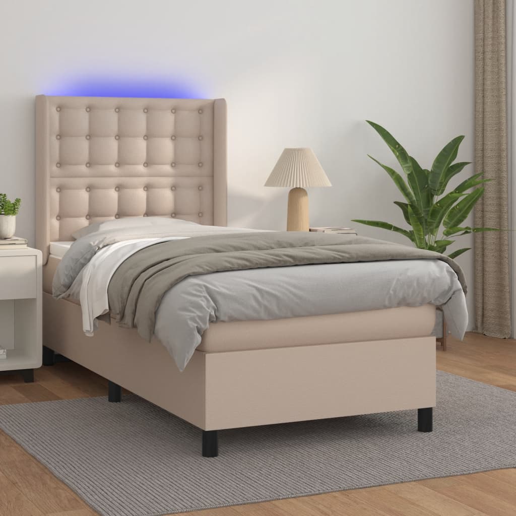 kontinentalseng LED-lys 100x200 cm kunstlæder cappuccinofarvet