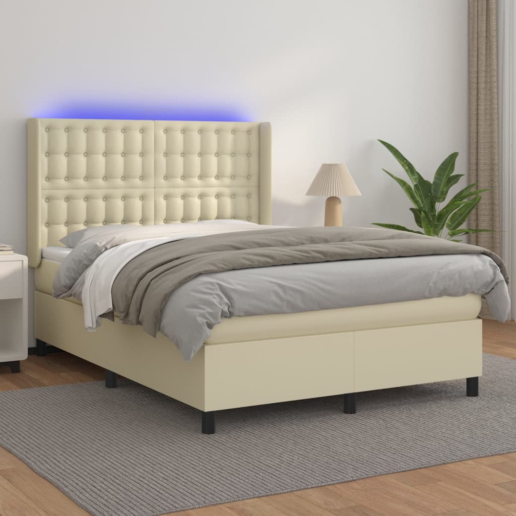 kontinentalseng med LED-lys 140x190 cm kunstlæder cremefarvet
