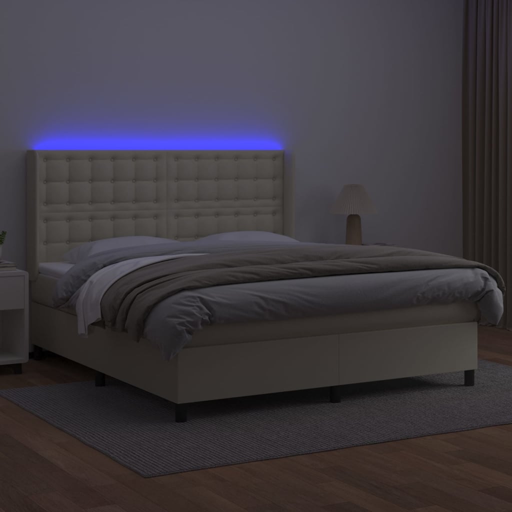 kontinentalseng med LED-lys 160x200 cm kunstlæder cremefarvet
