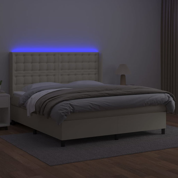 kontinentalseng med LED-lys 160x200 cm kunstlæder cremefarvet
