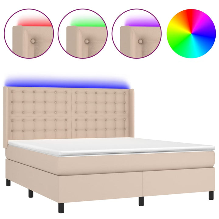 kontinentalseng LED-lys 160x200 cm kunstlæder cappuccinofarvet