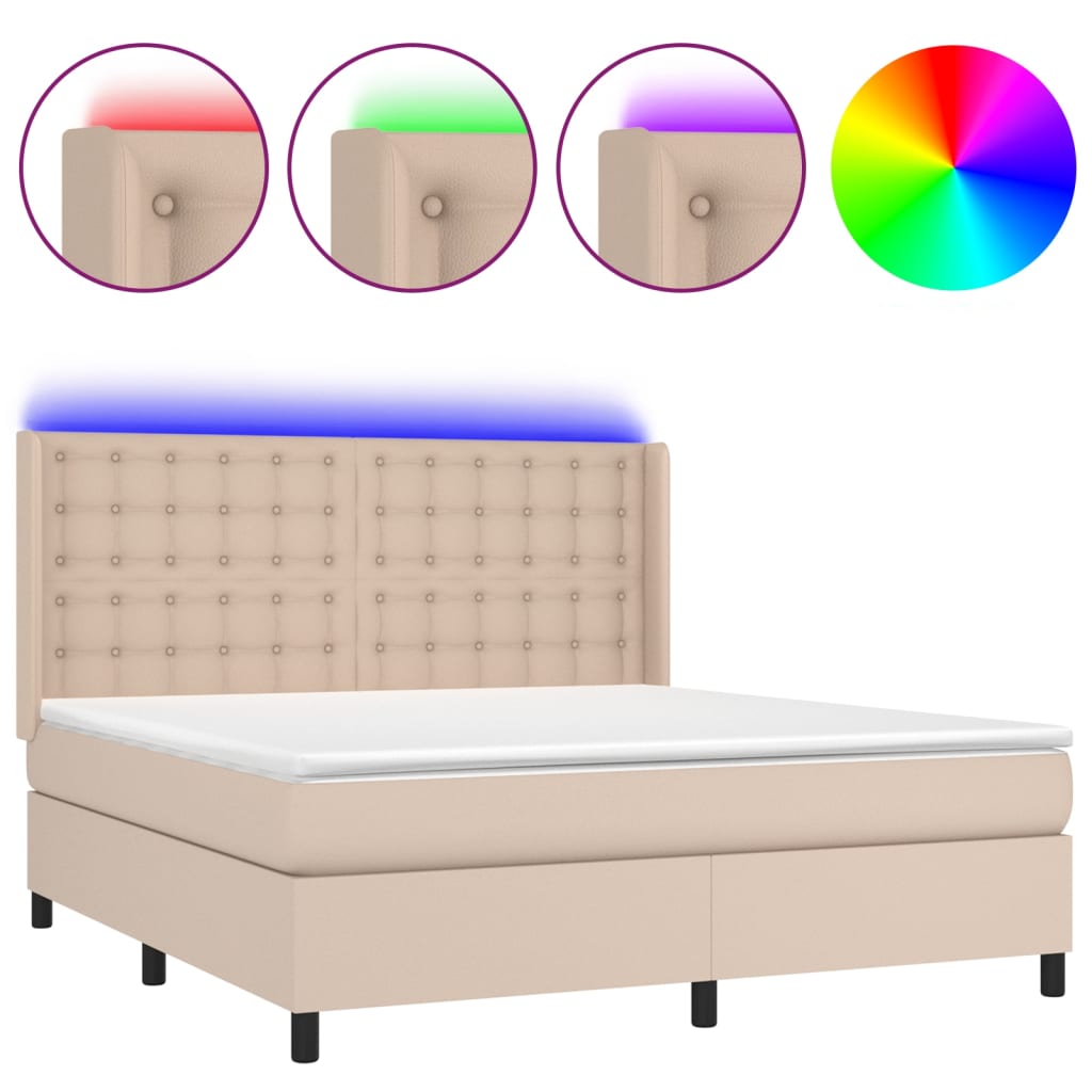 kontinentalseng LED-lys 180x200 cm kunstlæder cappuccinofarvet