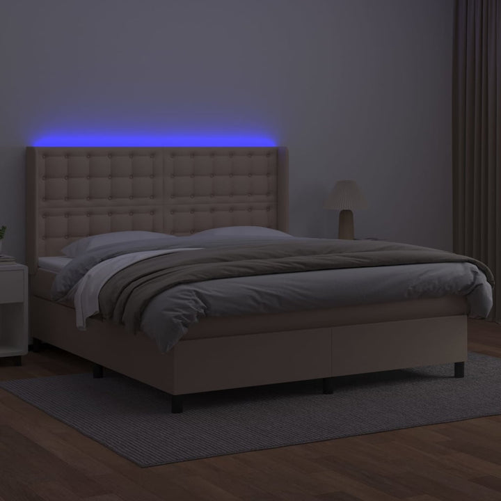 kontinentalseng LED-lys 180x200 cm kunstlæder cappuccinofarvet