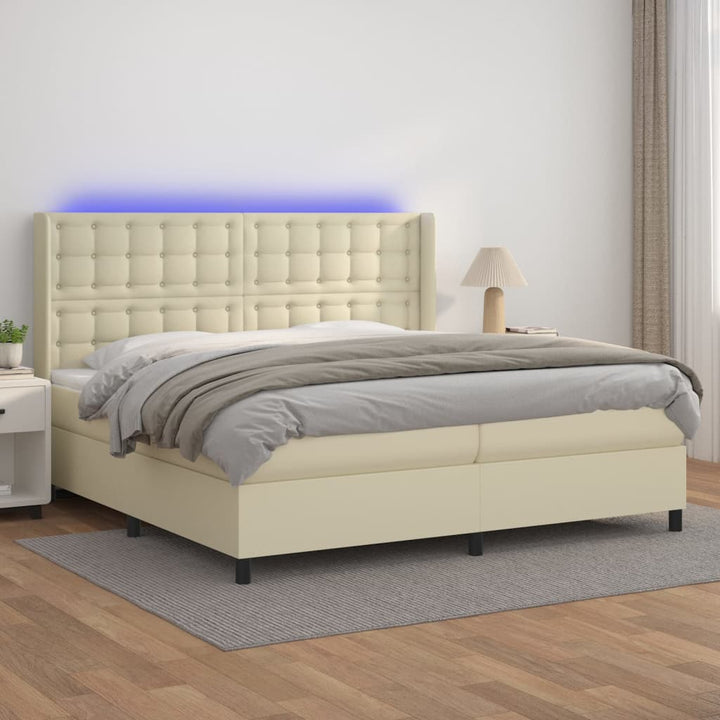 kontinentalseng med LED-lys 200x200 cm kunstlæder cremefarvet