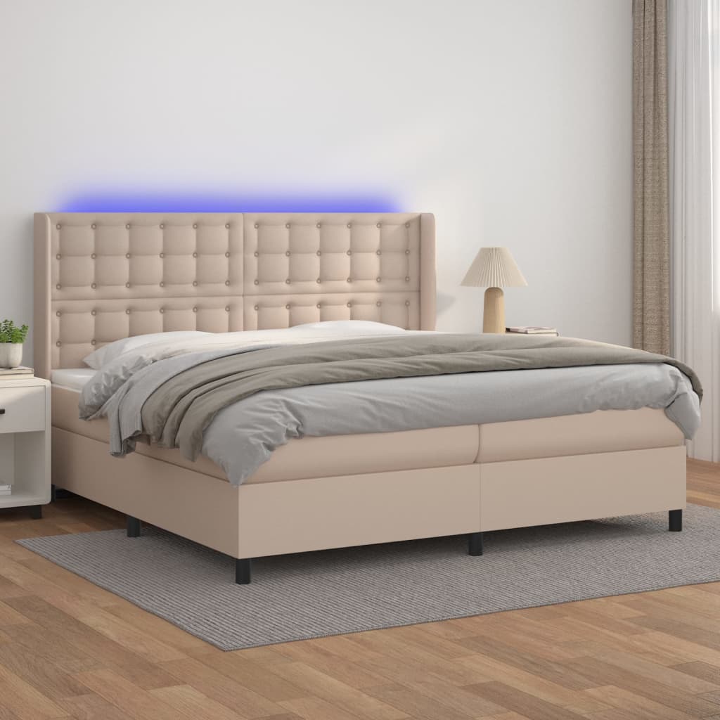 kontinentalseng LED-lys 200x200 cm kunstlæder cappuccinofarvet