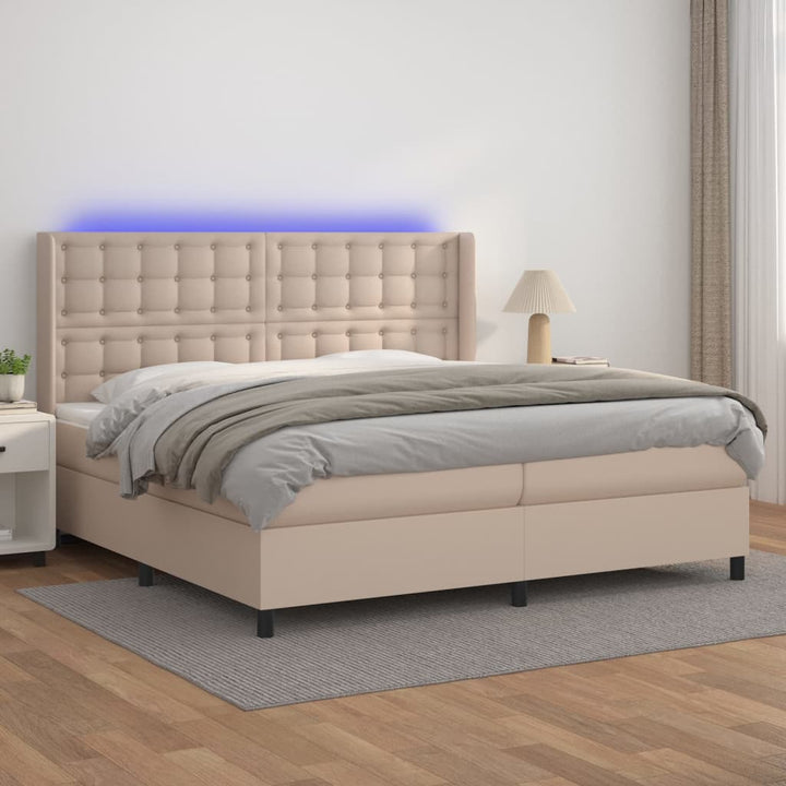 kontinentalseng LED-lys 200x200 cm kunstlæder cappuccinofarvet