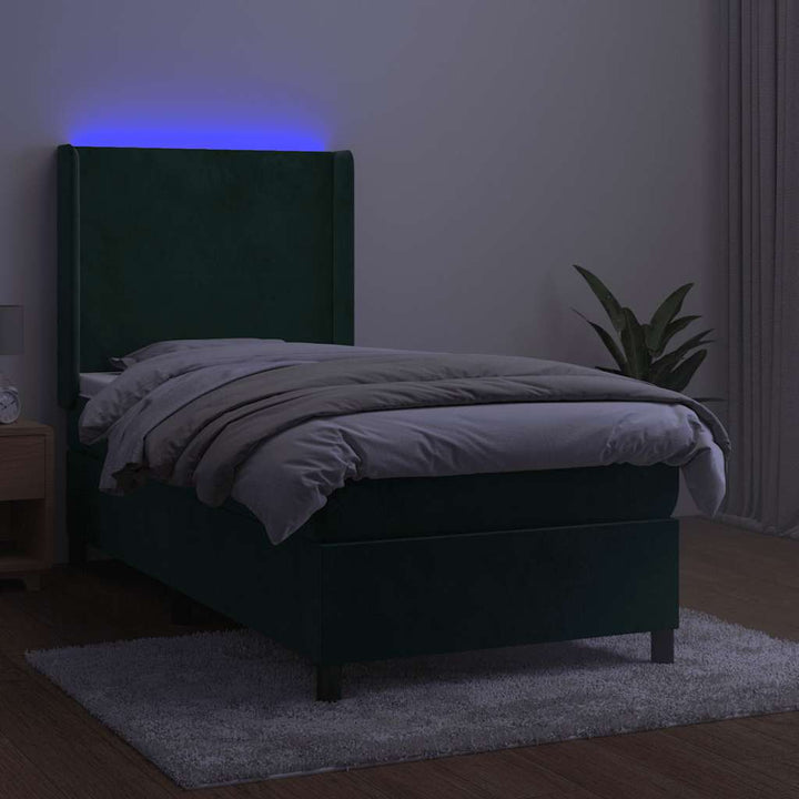 kontinentalseng med LED-lys 100x200 cm fløjl mørkegrøn