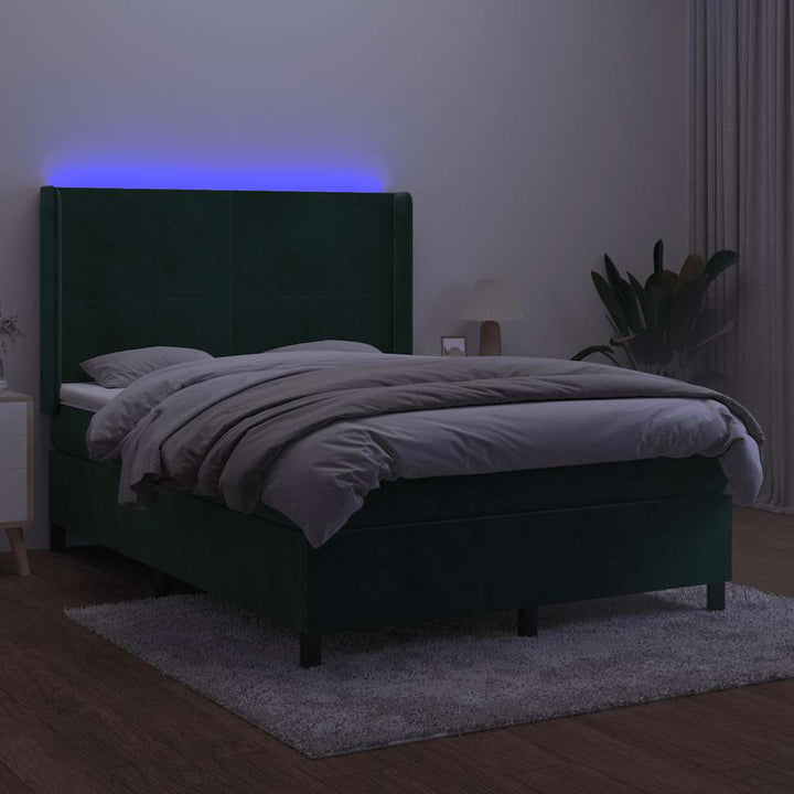 kontinentalseng med LED-lys 140x190 cm fløjl mørkegrøn