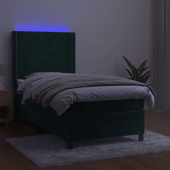kontinentalseng med LED-lys 90x190 cm fløjl mørkegrøn
