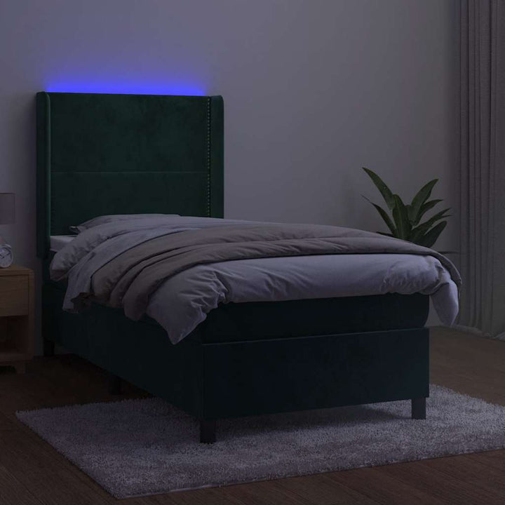 kontinentalseng med LED-lys 90x200 cm fløjl mørkegrøn