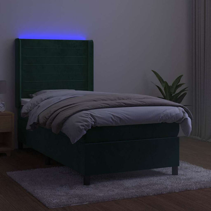 kontinentalseng med LED-lys 90x190 cm fløjl mørkegrøn