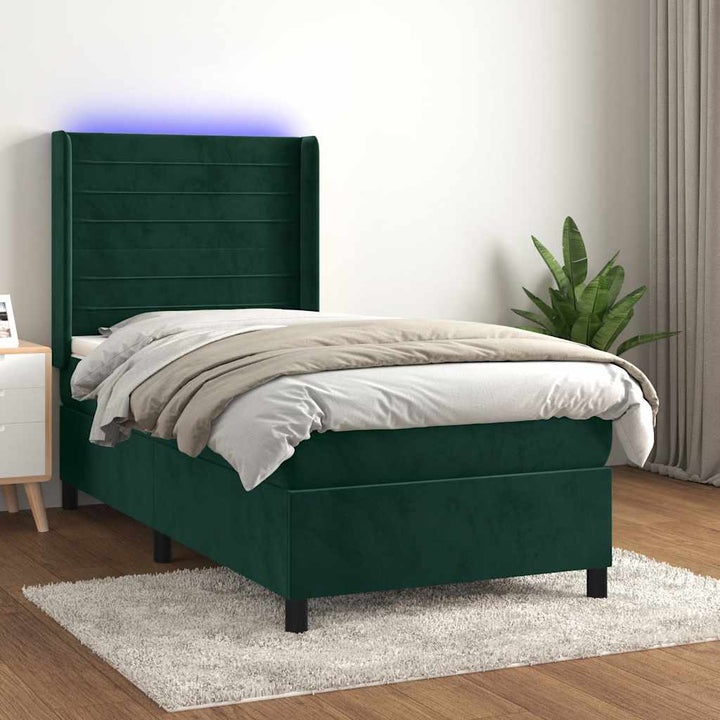 kontinentalseng med LED-lys 100x200 cm fløjl mørkegrøn