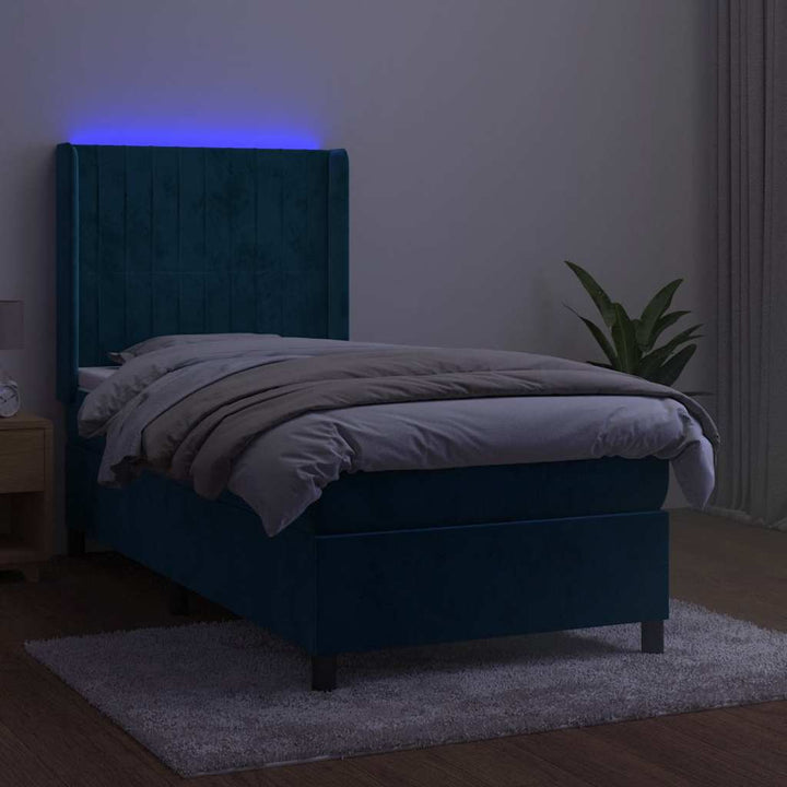 kontinentalseng med LED-lys 90x200 cm fløjl mørkeblå