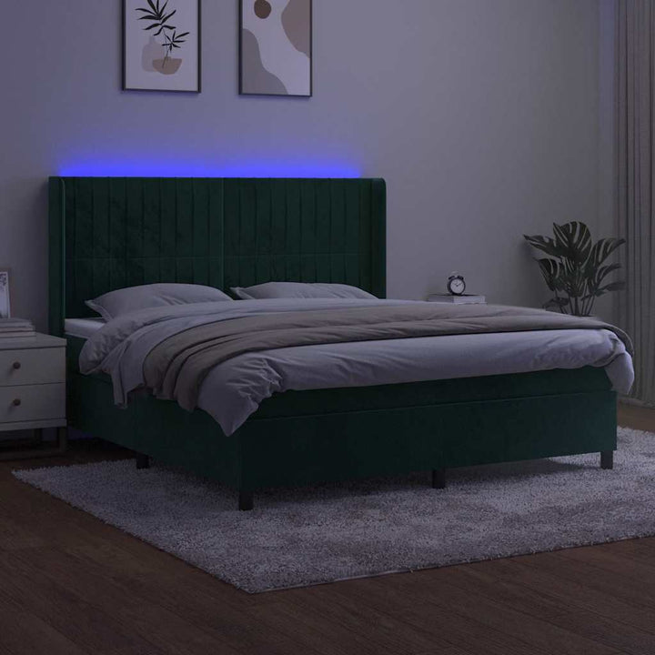 kontinentalseng med LED-lys 180x200 cm fløjl mørkegrøn