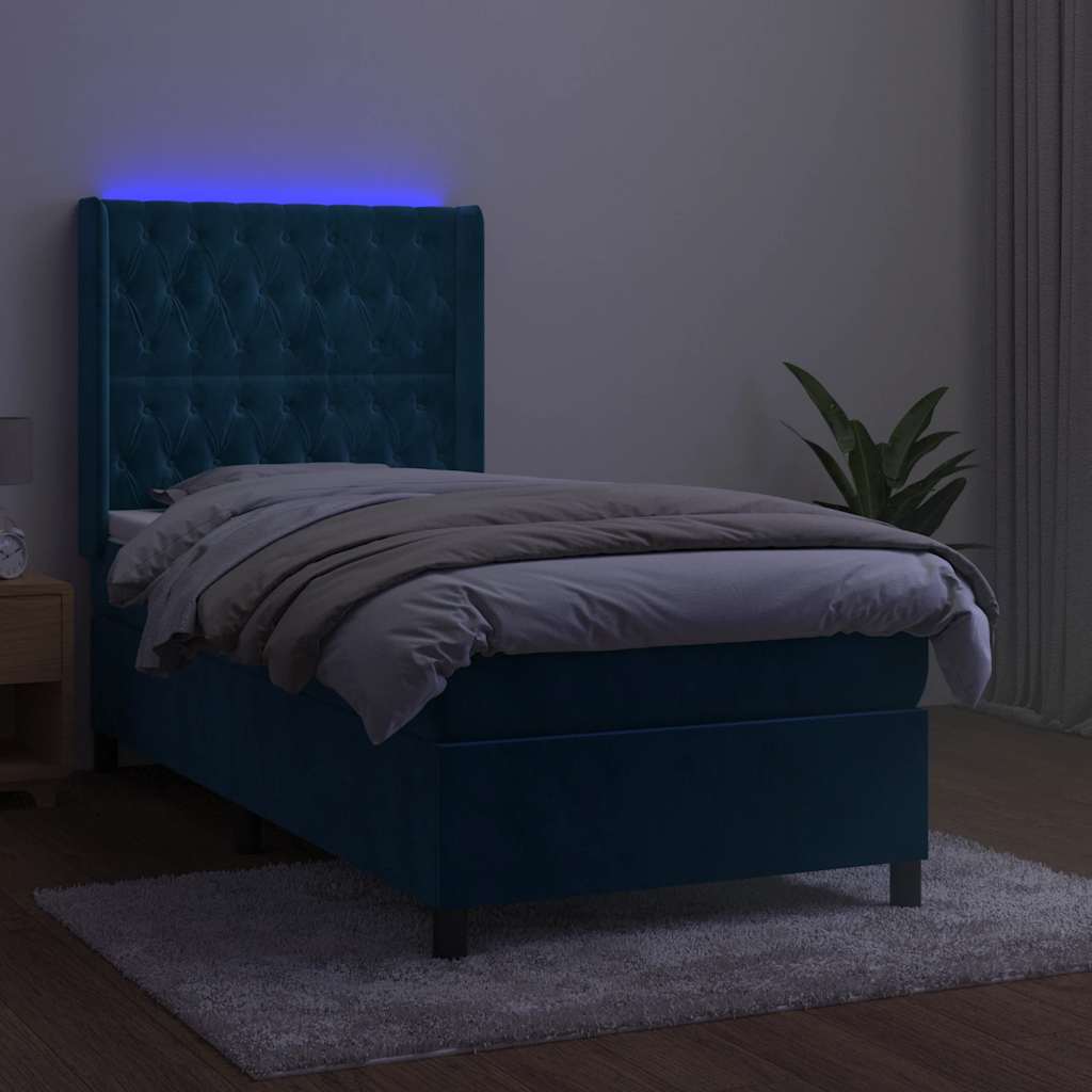 kontinentalseng med LED-lys 90x190 cm fløjl mørkeblå
