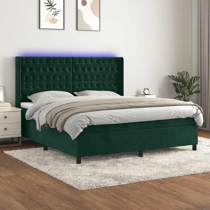 kontinentalseng med LED-lys 180x200 cm fløjl mørkegrøn