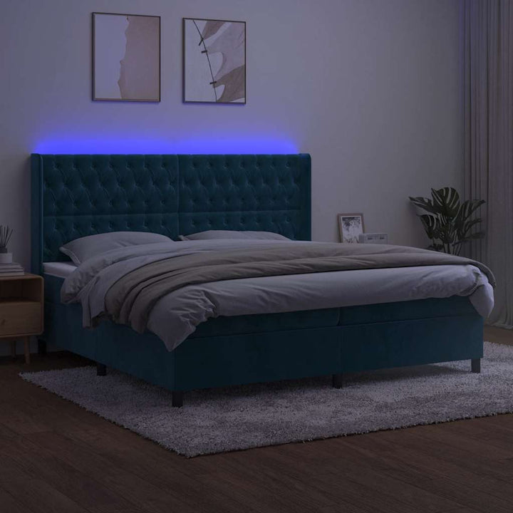 kontinentalseng med LED-lys 200x200 cm fløjl mørkeblå