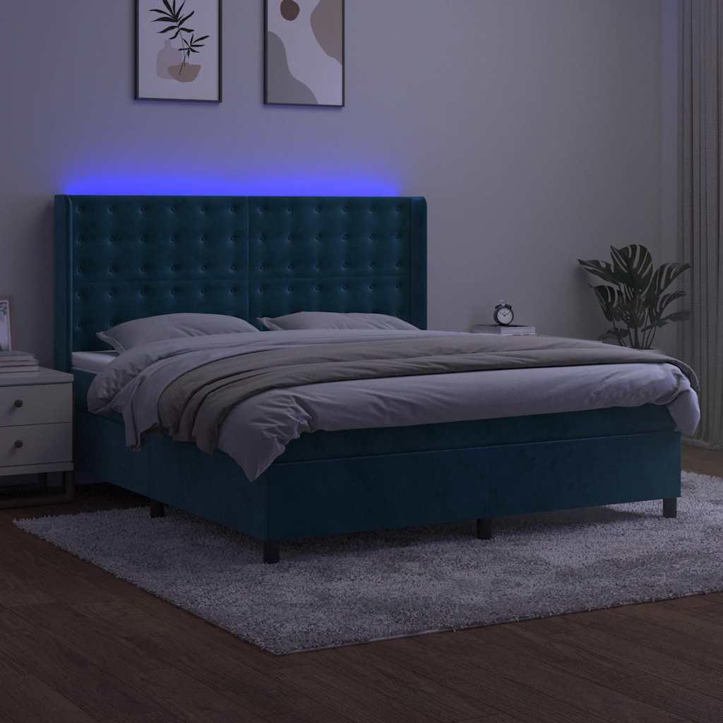 kontinentalseng med LED-lys 160x200 cm fløjl mørkeblå