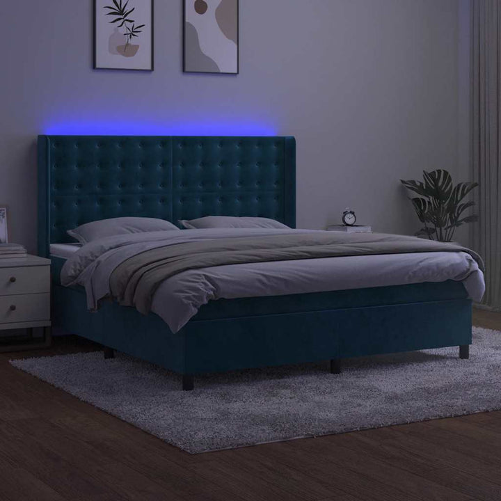kontinentalseng med LED-lys 160x200 cm fløjl mørkeblå