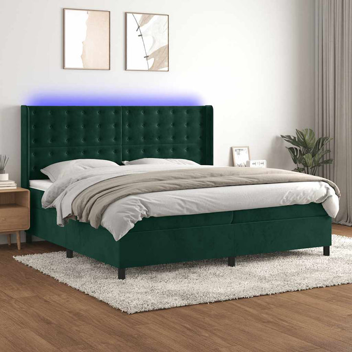 kontinentalseng med LED-lys 200x200 cm fløjl mørkegrøn