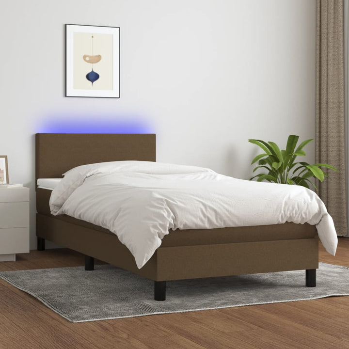kontinentalseng med LED-lys 90x190 cm stof mørkebrun