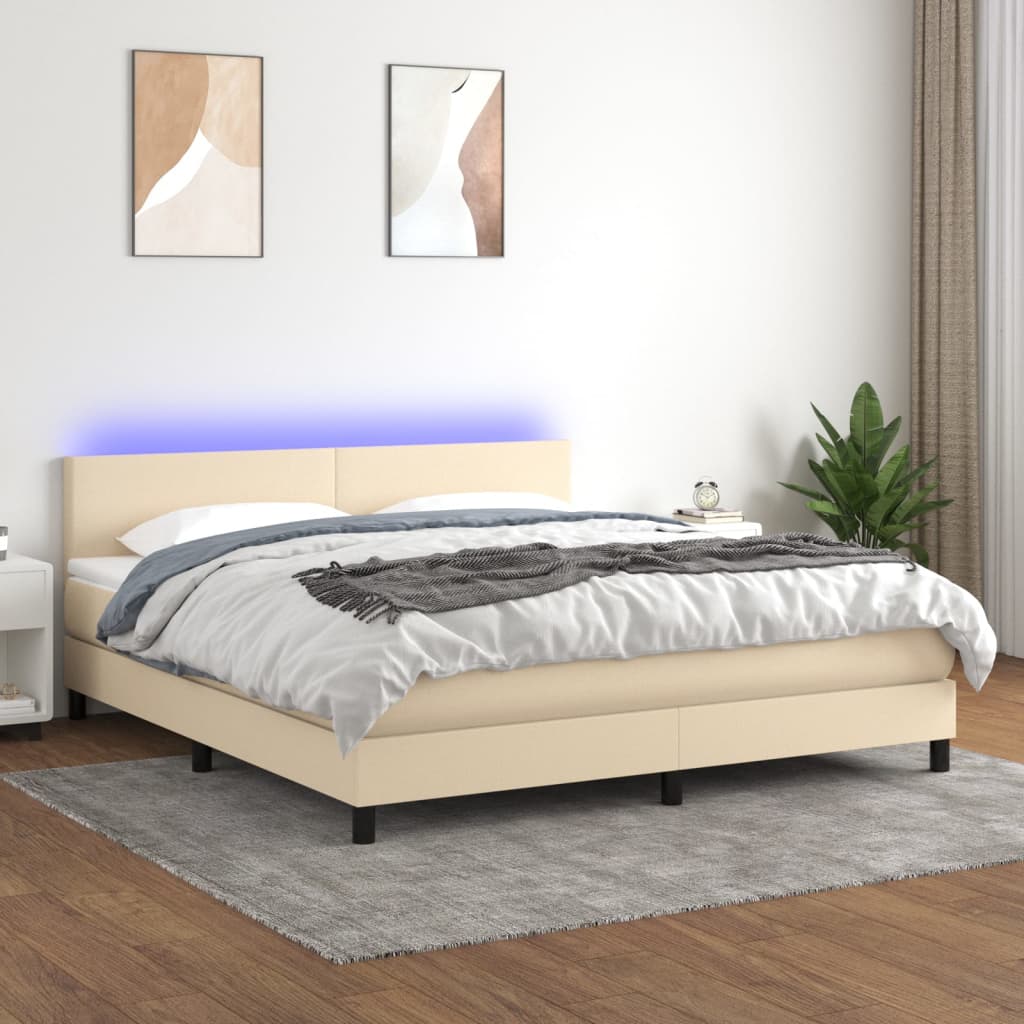 kontinentalseng med LED-lys 180x200 cm stof cremefarvet