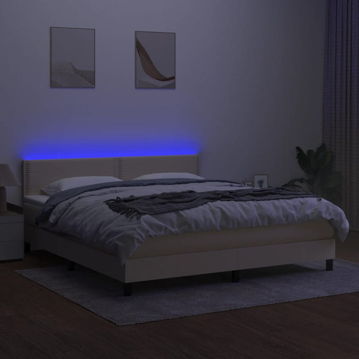 kontinentalseng med LED-lys 180x200 cm stof cremefarvet