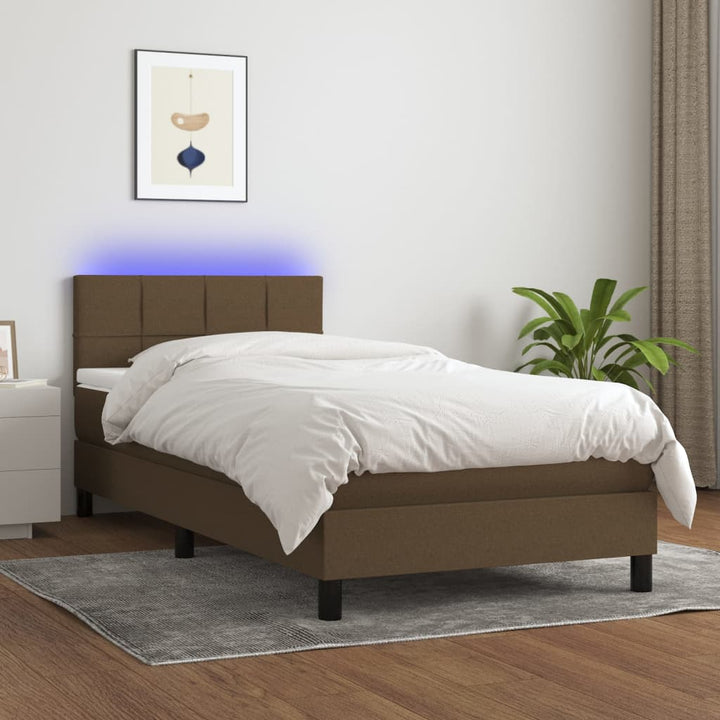 kontinentalseng med LED-lys 90x190 cm stof mørkebrun