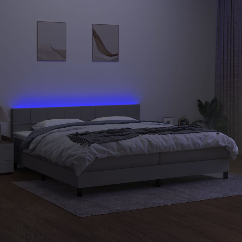 kontinentalseng med LED-lys 200x200 cm stof lysegrå