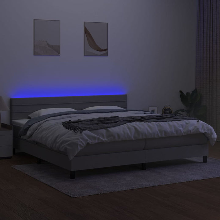 kontinentalseng med LED-lys 200x200 cm stof lysegrå