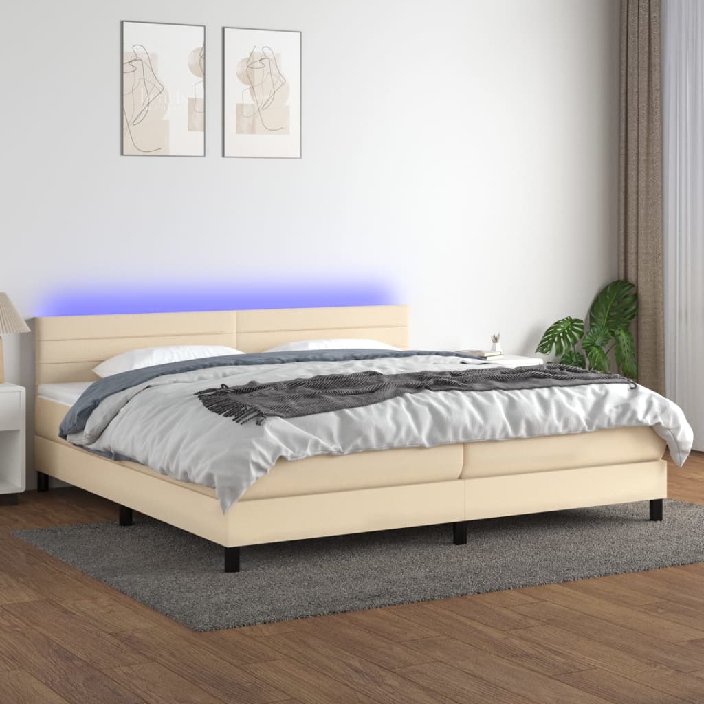 kontinentalseng med LED-lys 200x200 cm stof cremefarvet