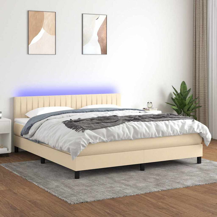 kontinentalseng med LED-lys 180x200 cm stof cremefarvet