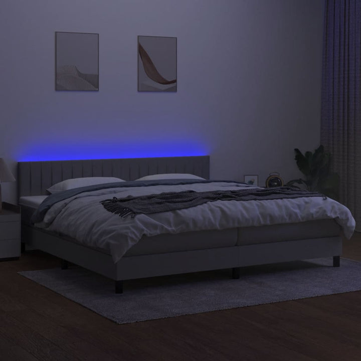 kontinentalseng med LED-lys 200x200 cm stof lysegrå