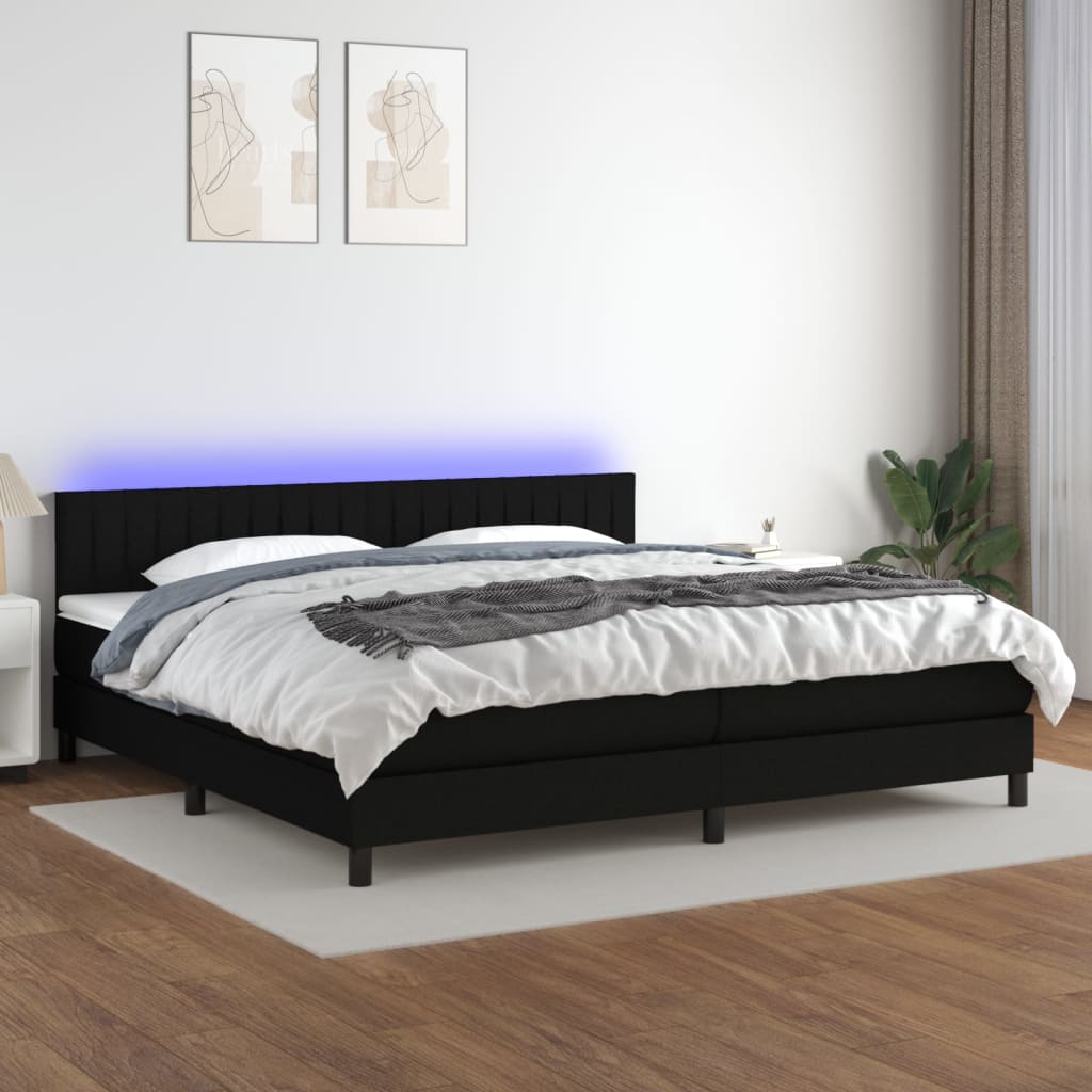 kontinentalseng med LED-lys 200x200 cm stof sort