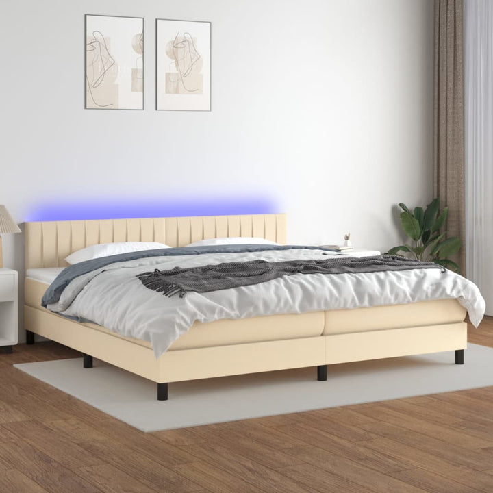 kontinentalseng med LED-lys 200x200 cm stof cremefarvet