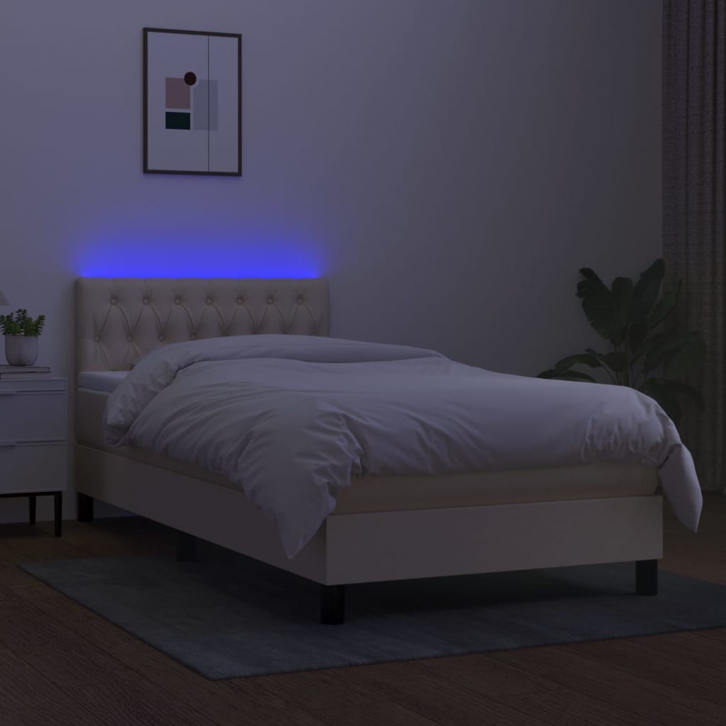 kontinentalseng med LED-lys 90x190 cm stof cremefarvet
