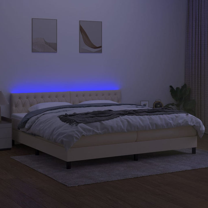 kontinentalseng med LED-lys 200x200 cm stof cremefarvet