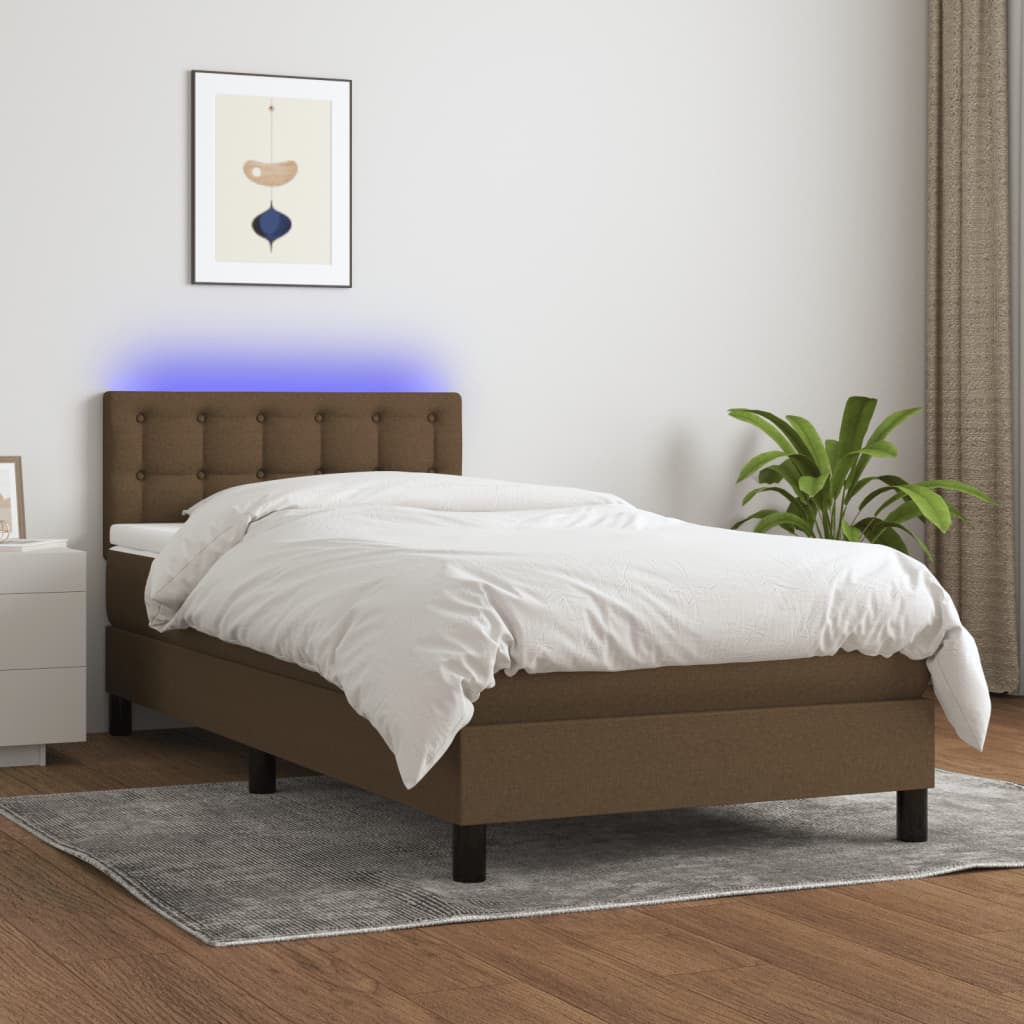 kontinentalseng med LED-lys 90x200 cm stof mørkebrun