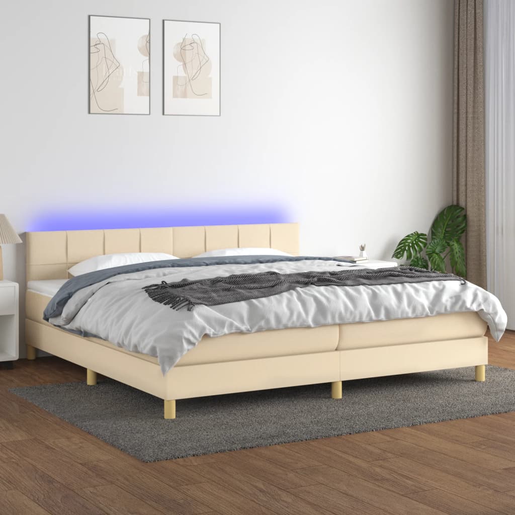 kontinentalseng med LED-lys 200x200 cm stof cremefarvet