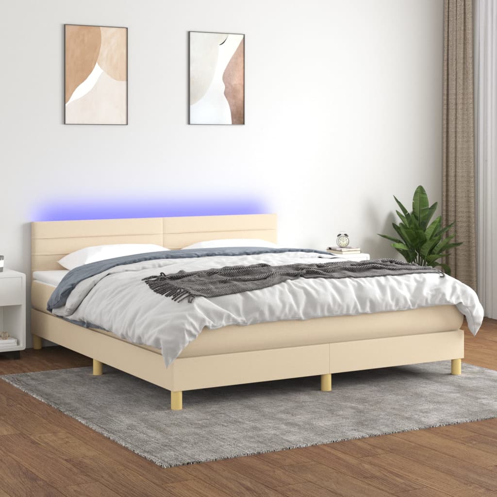 kontinentalseng med LED-lys 160x200 cm stof cremefarvet