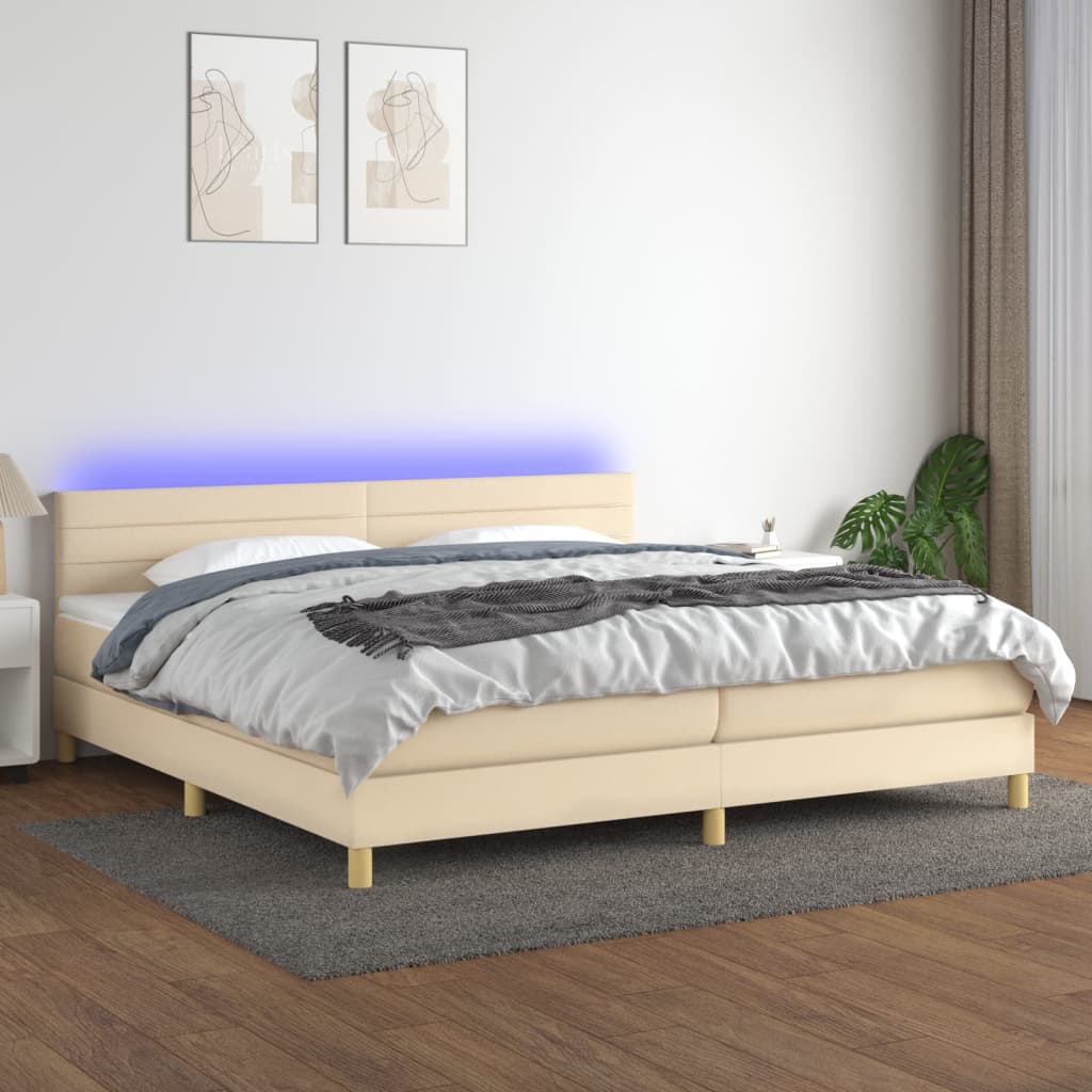 kontinentalseng med LED-lys 200x200 cm stof cremefarvet