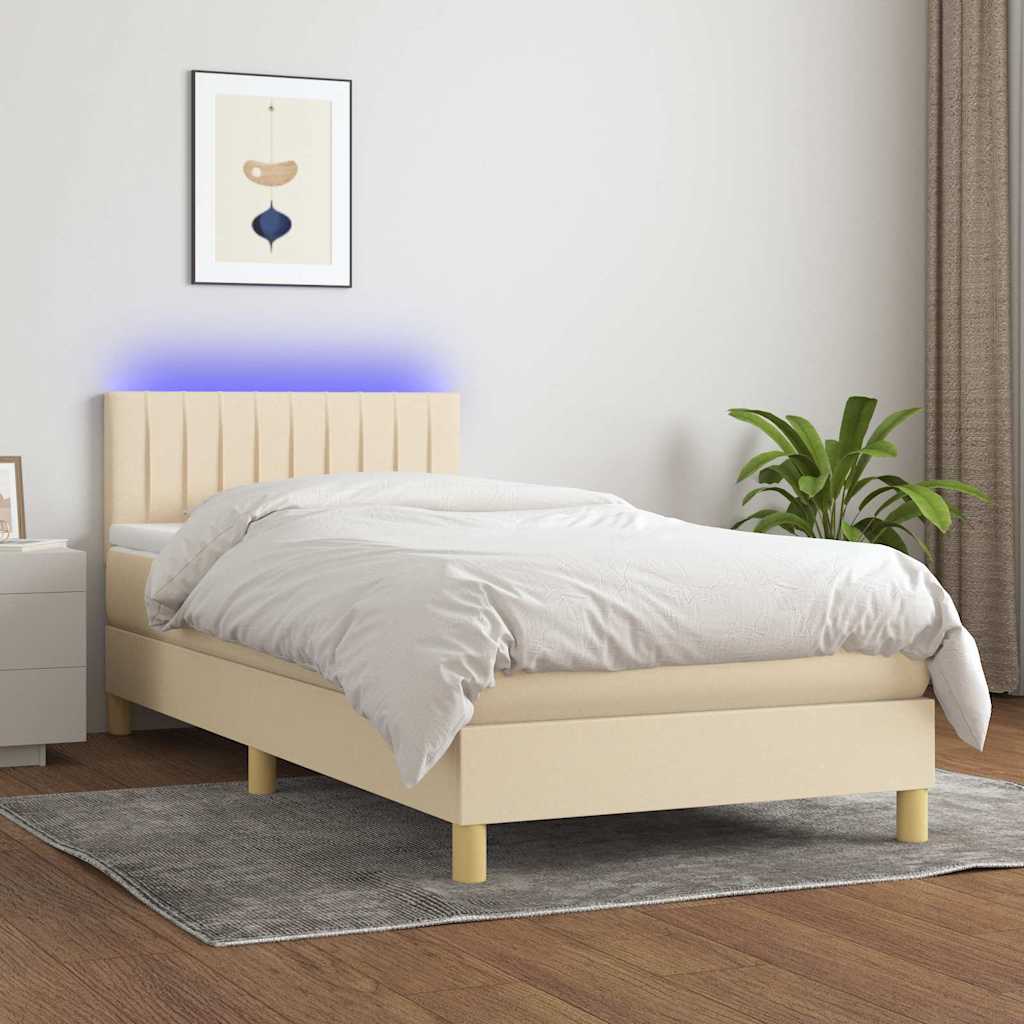 kontinentalseng med LED-lys 90x190 cm stof cremefarvet