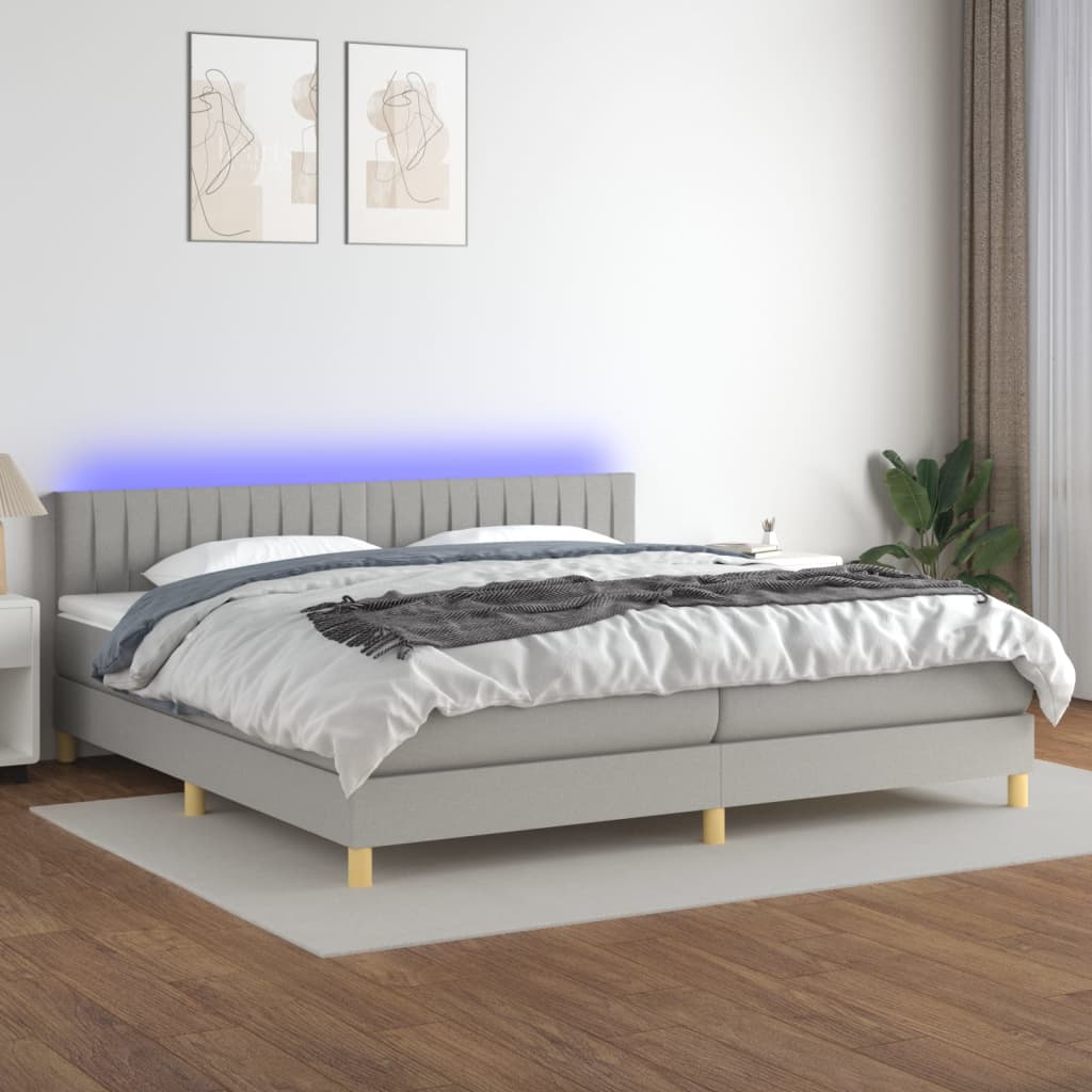kontinentalseng med LED-lys 200x200 cm stof lysegrå